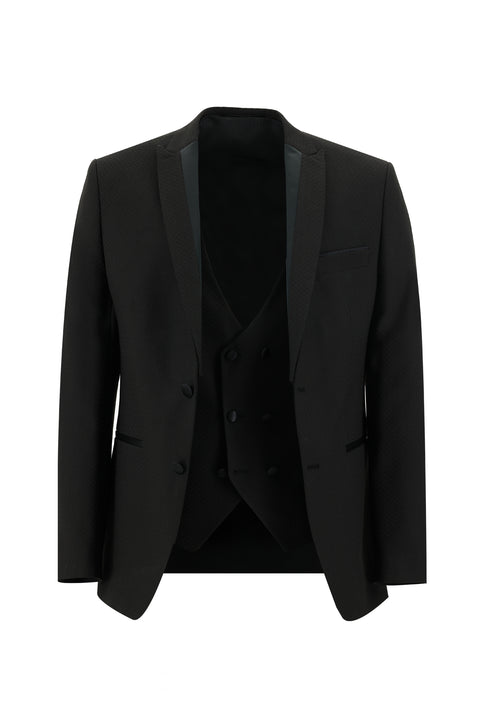 Siyah 7 Drop Slim Fit Dar Kesim Sivri Yaka Yelekli Smokin & Damatlık