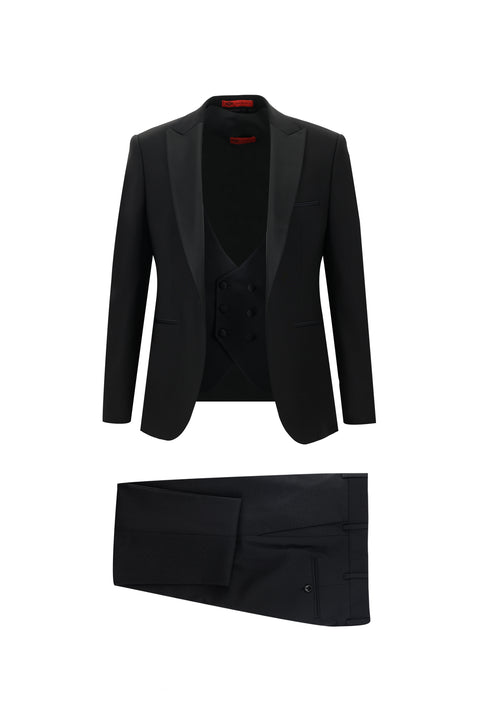 Siyah 7 Drop Slim Fit Dar Kesim Sivri Yaka Yelekli Smokin & Damatlık