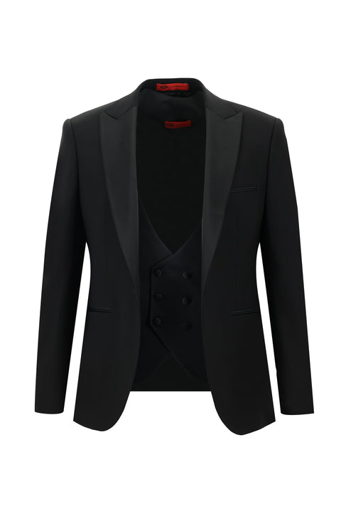 Siyah 7 Drop Slim Fit Dar Kesim Sivri Yaka Yelekli Smokin & Damatlık