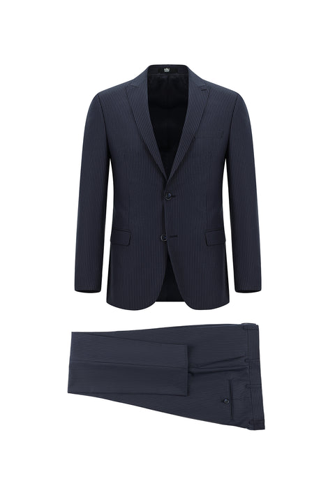 Orta Lacivert 7 Drop Super Slim Fit Eksra Dar Kesim Çizgili Takım Elbise