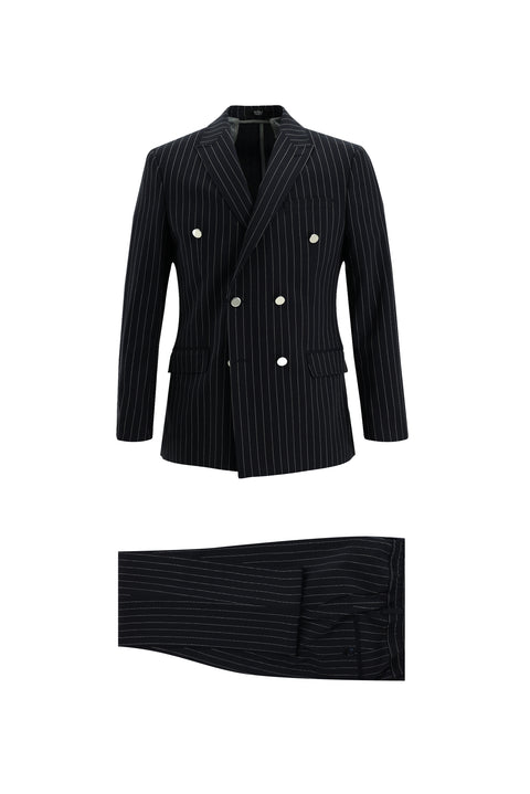 Koyu Lacivert 7 Drop Super Slim Fit Eksra Dar Kesim Kruvaze Çizgili Takım Elbise