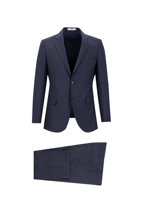 Orta Lacivert 7 Drop Slim Fit Dar Kesim Çizgili Takım Elbise