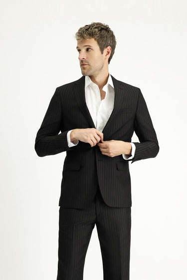 Siyah Regular Fit Yünlü Klasik Takım Elbise