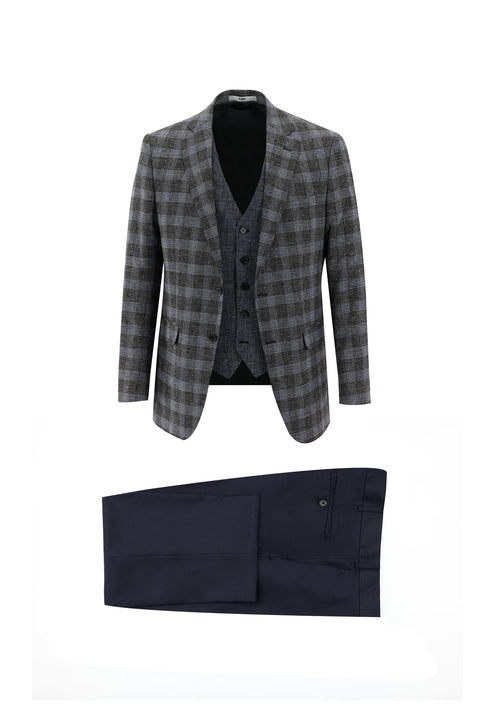 Siyah 6 Drop Regular Fit Standart Kesim Kombinli Yelekli Keten Takım Elbise