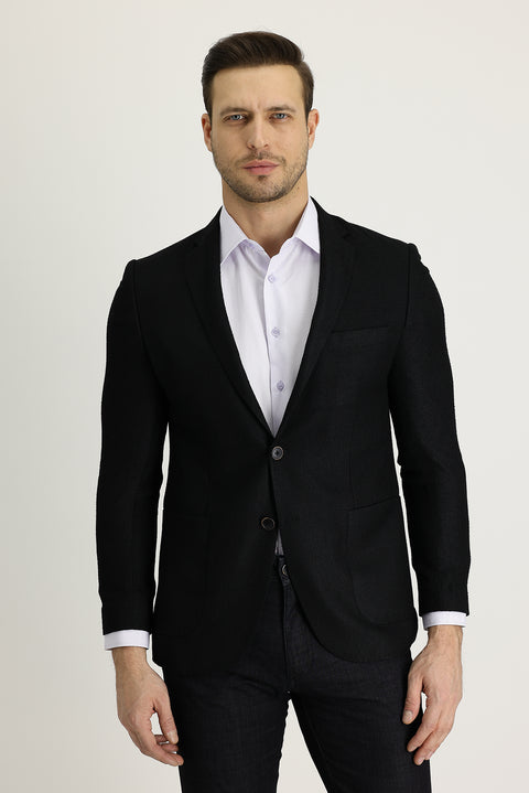 Siyah 7 Drop Slim Fit Dar Kesim Desenli Ceket