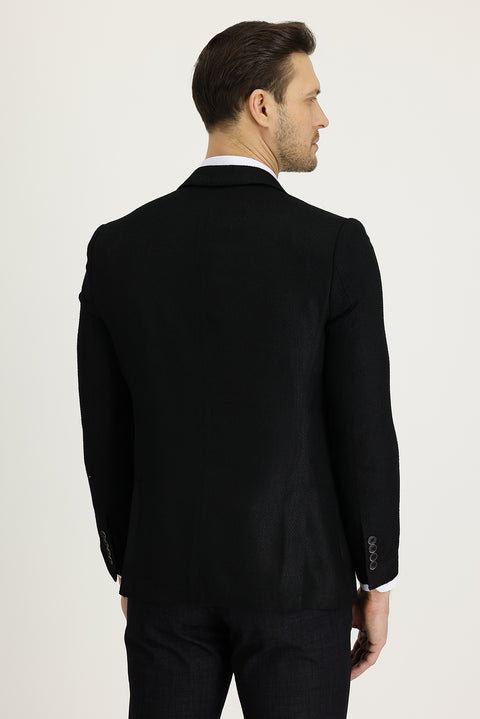 Siyah 7 Drop Slim Fit Dar Kesim Desenli Ceket