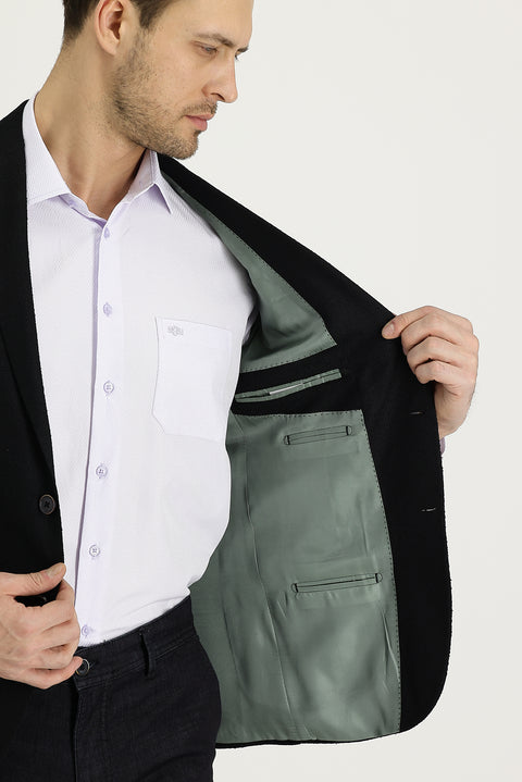 Siyah 7 Drop Slim Fit Dar Kesim Desenli Ceket