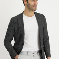 Siyah Regular Fit Desenli Keten Karışımlı Ceket