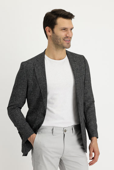 Siyah Regular Fit Desenli Keten Karışımlı Ceket