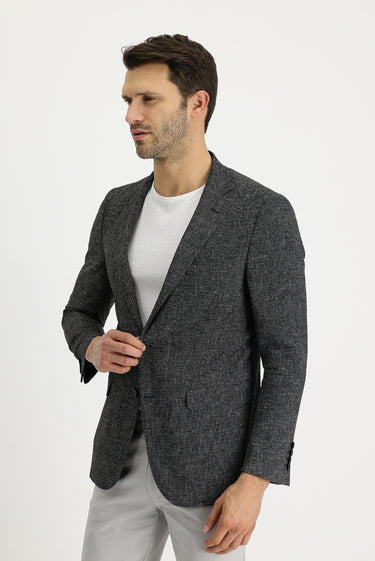 Siyah Regular Fit Desenli Keten Karışımlı Ceket