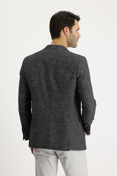 Siyah Regular Fit Desenli Keten Karışımlı Ceket