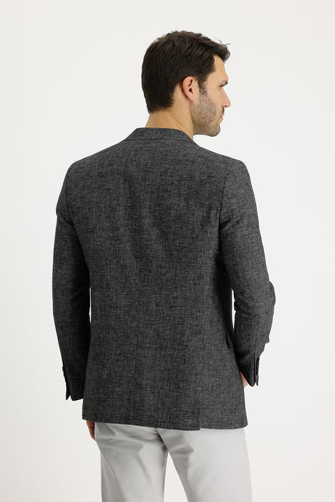 Siyah 6 Drop Regular Fit Standart Kesim Desenli Keten Karışımlı Ceket