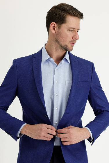 Koyu Mavi  Super Slim Fit Ekstra Dar Kesim Klasik Desenli Yünlü Keten Karışımlı Ceket