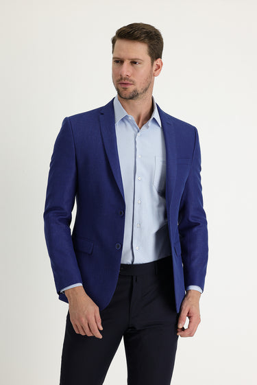 Koyu Mavi  Super Slim Fit Ekstra Dar Kesim Klasik Desenli Yünlü Keten Karışımlı Ceket