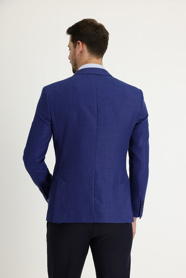Koyu Mavi  Super Slim Fit Ekstra Dar Kesim Klasik Desenli Yünlü Keten Karışımlı Ceket