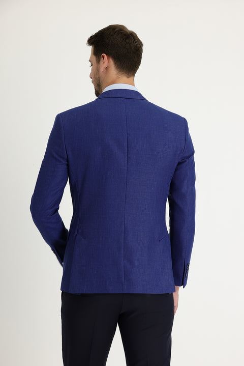 Dark Blue 7 Drop Super Slim Fit Extra Narrow Cut Classic Patterned Wool Linen Blend Jacket