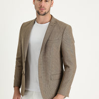 Koyu Bej Super Slim Fit Ekstra Dar Kesim Klasik Desenli Keten Karışımlı Ceket