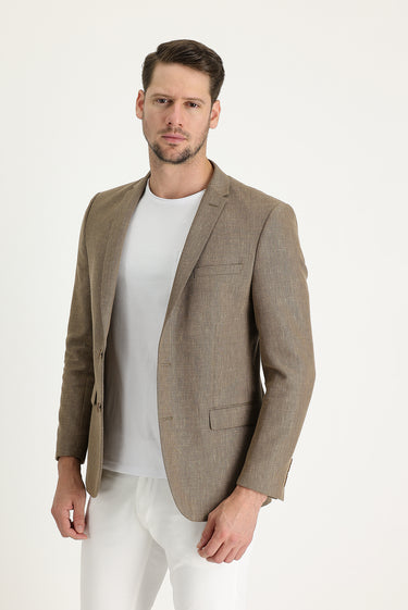  Koyu Bej Super Slim Fit Ekstra Dar Kesim Klasik Desenli Keten Karışımlı Ceket