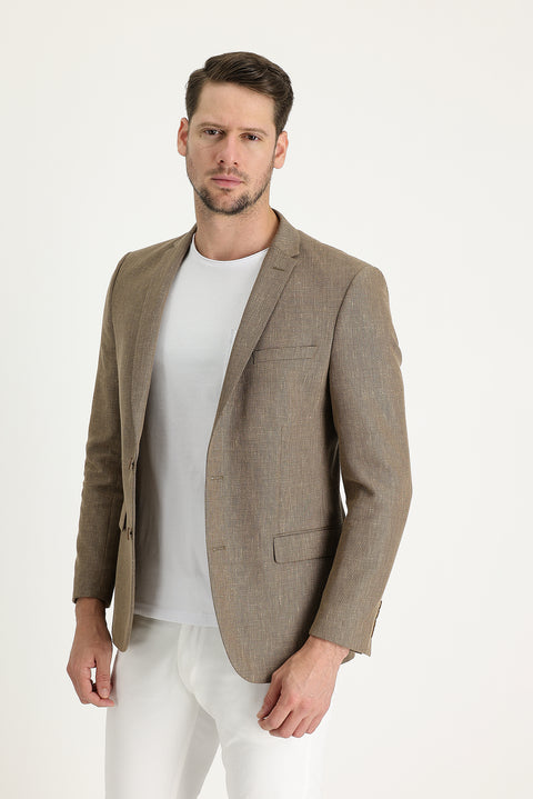 Koyu Bej 6 Drop Regular Fit Standart Kesim Klasik Desenli Ceket