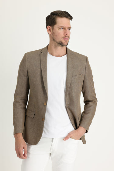  Koyu Bej Super Slim Fit Ekstra Dar Kesim Klasik Desenli Keten Karışımlı Ceket
