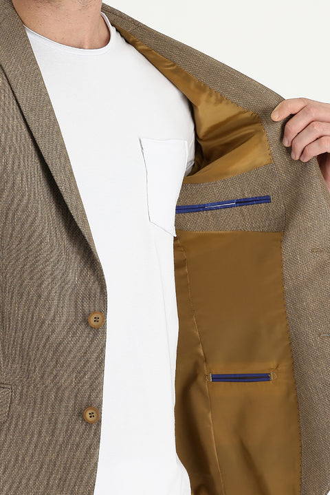 Koyu Bej 7 Drop Super Slim Fit Eksra Dar Kesim Klasik Desenli Yünlü Keten Karışımlı Ceket