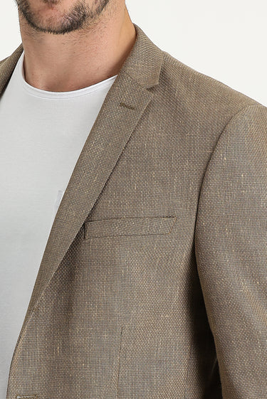  Koyu Bej Super Slim Fit Ekstra Dar Kesim Klasik Desenli Keten Karışımlı Ceket