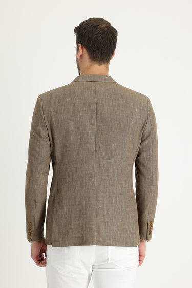 Koyu Bej Super Slim Fit Ekstra Dar Kesim Klasik Desenli Keten Karışımlı Ceket