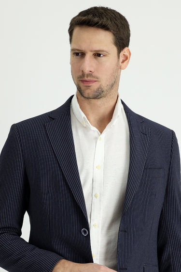 Koyu Lacivert Slim Fit Dar Kesim Klasik Çizgili Ceket