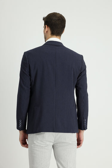Koyu Lacivert Slim Fit Dar Kesim Klasik Çizgili Ceket