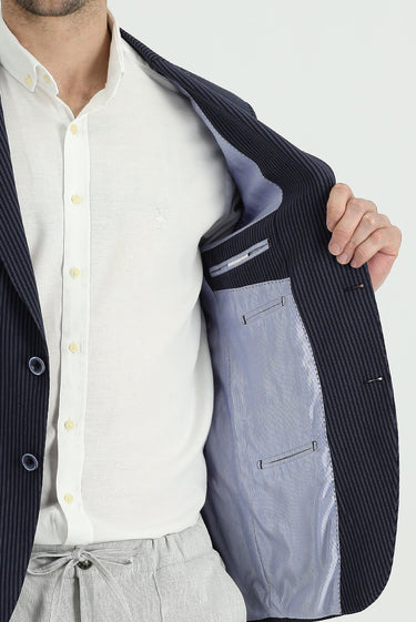 Koyu Lacivert Slim Fit Dar Kesim Klasik Çizgili Ceket