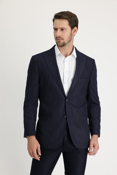 Açık Lacivert Relaxed Fit Rahat Kesim Çizgili Blazer Ceket