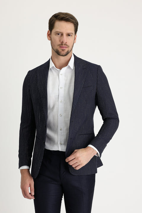 Koyu Lacivert 6 Drop Regular Fit Standart Kesim Çizgili Blazer Ceket