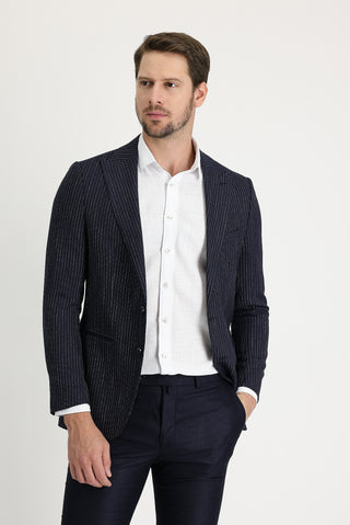  Koyu Lacivert 4 Drop Relaxed Fit Rahat Kesim Çizgili Blazer Ceket