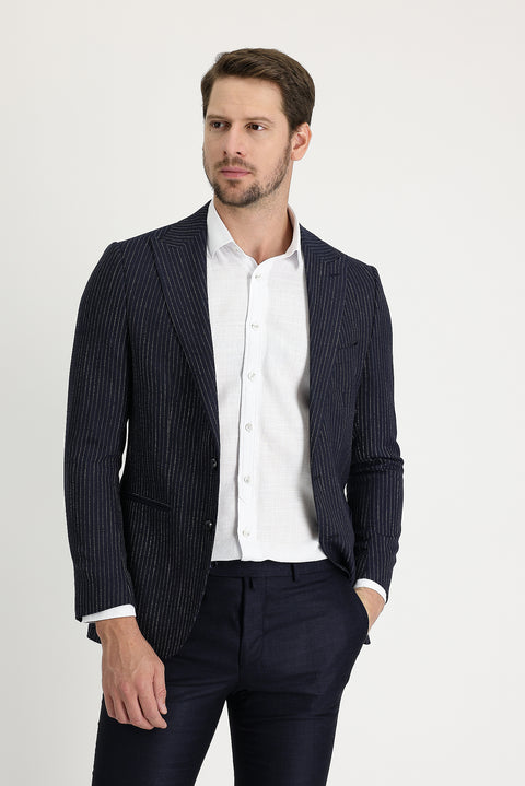 Koyu Lacivert 4 Drop Relaxed Fit Rahat Kesim Çizgili Blazer Ceket