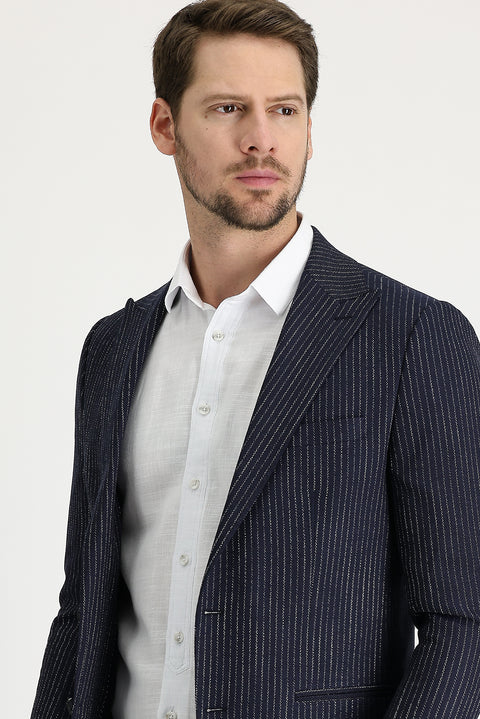 Koyu Lacivert 4 Drop Relaxed Fit Rahat Kesim Çizgili Blazer Ceket