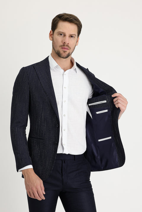 Koyu Lacivert 4 Drop Relaxed Fit Rahat Kesim Çizgili Blazer Ceket