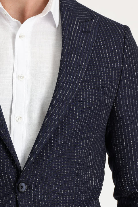 Koyu Lacivert 6 Drop Regular Fit Standart Kesim Çizgili Blazer Ceket