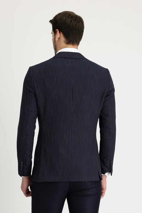 Koyu Lacivert 4 Drop Relaxed Fit Rahat Kesim Çizgili Blazer Ceket
