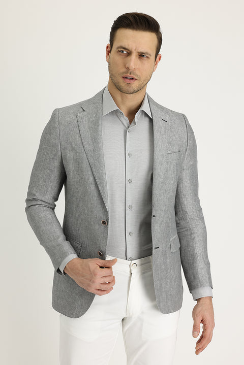 Light Grey 6 Drop Regular Fit Classic Patterned Linen Jacket