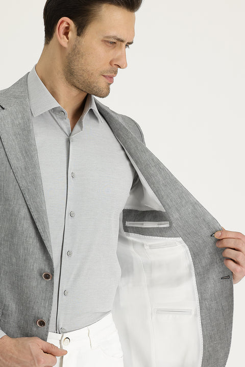 Light Grey 6 Drop Regular Fit Classic Patterned Linen Jacket