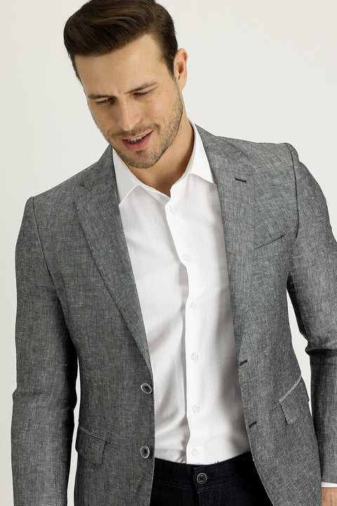 Orta Gri 7 Drop Slim Fit Dar Kesim Klasik Desenli Keten Ceket