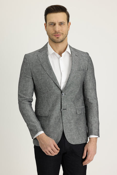 Orta Gri 7 Drop Slim Fit Dar Kesim Klasik Desenli Keten Ceket