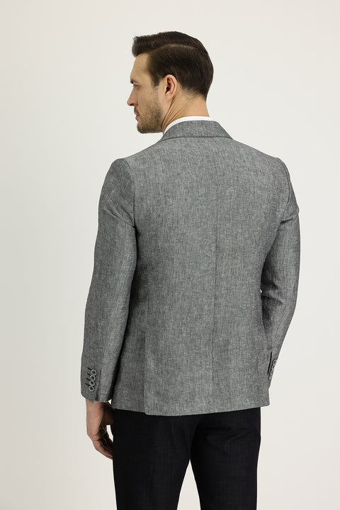 Orta Gri 7 Drop Slim Fit Dar Kesim Klasik Desenli Keten Ceket