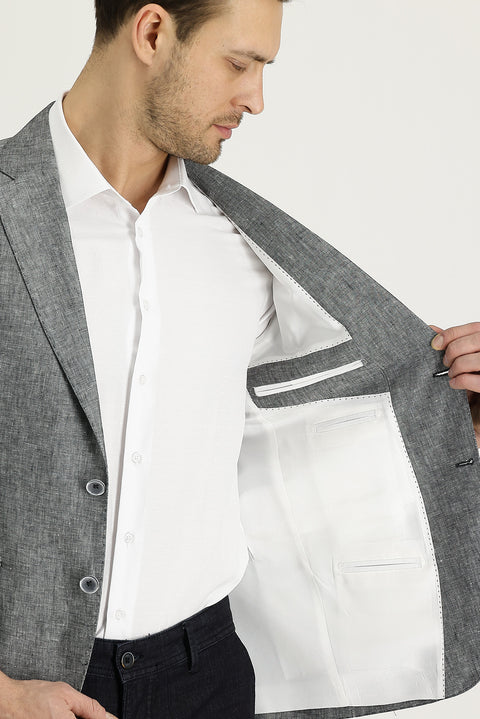 Orta Gri 7 Drop Slim Fit Dar Kesim Klasik Desenli Keten Ceket