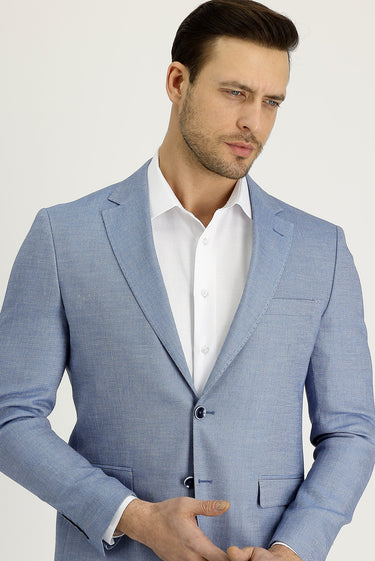 Orta Lacivert Slim Fit Dar Kesim Klasik Desenli Keten Ceket