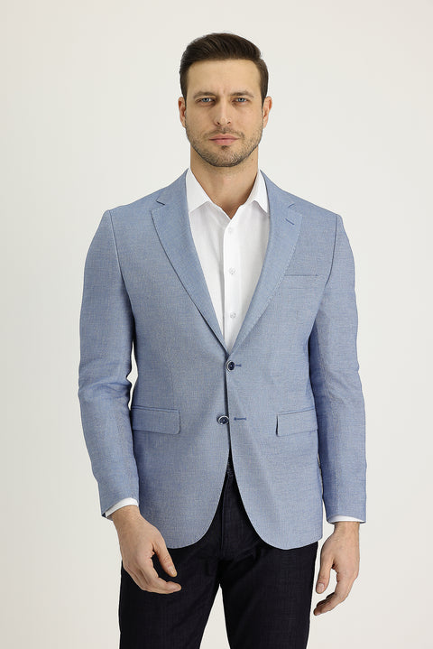 Orta Lacivert 7 Drop Slim Fit Dar Kesim Klasik Desenli Keten Ceket