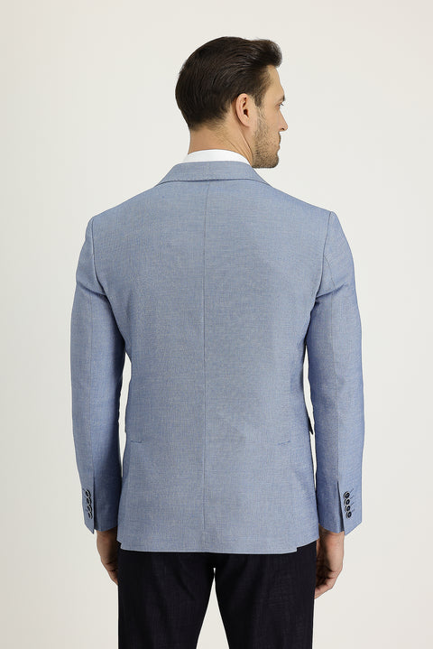Orta Lacivert 7 Drop Slim Fit Dar Kesim Klasik Desenli Keten Ceket