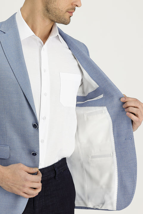 Orta Lacivert 7 Drop Slim Fit Dar Kesim Klasik Desenli Keten Ceket
