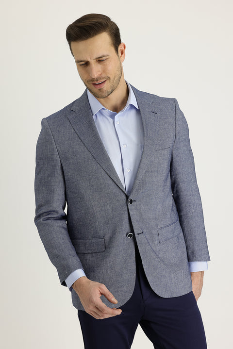 Koyu Lacivert 4 Drop Relaxed Fit Rahat Kesim Klasik Desenli Keten Ceket