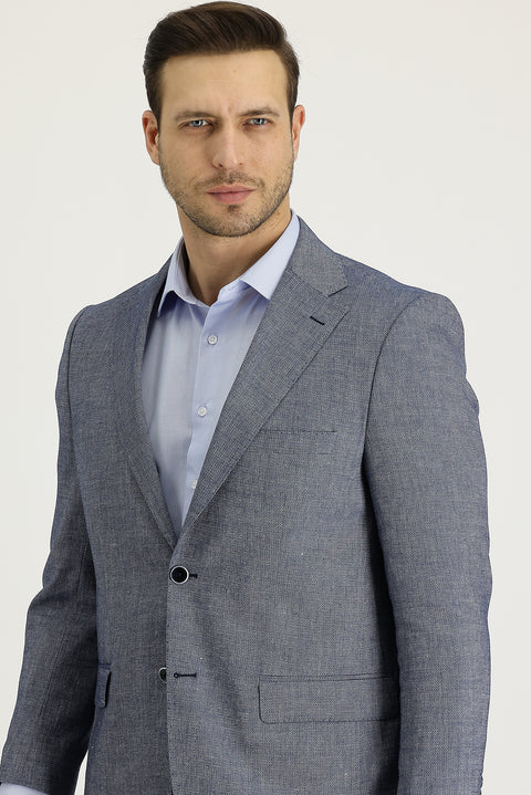Koyu Lacivert 4 Drop Relaxed Fit Rahat Kesim Klasik Desenli Keten Ceket